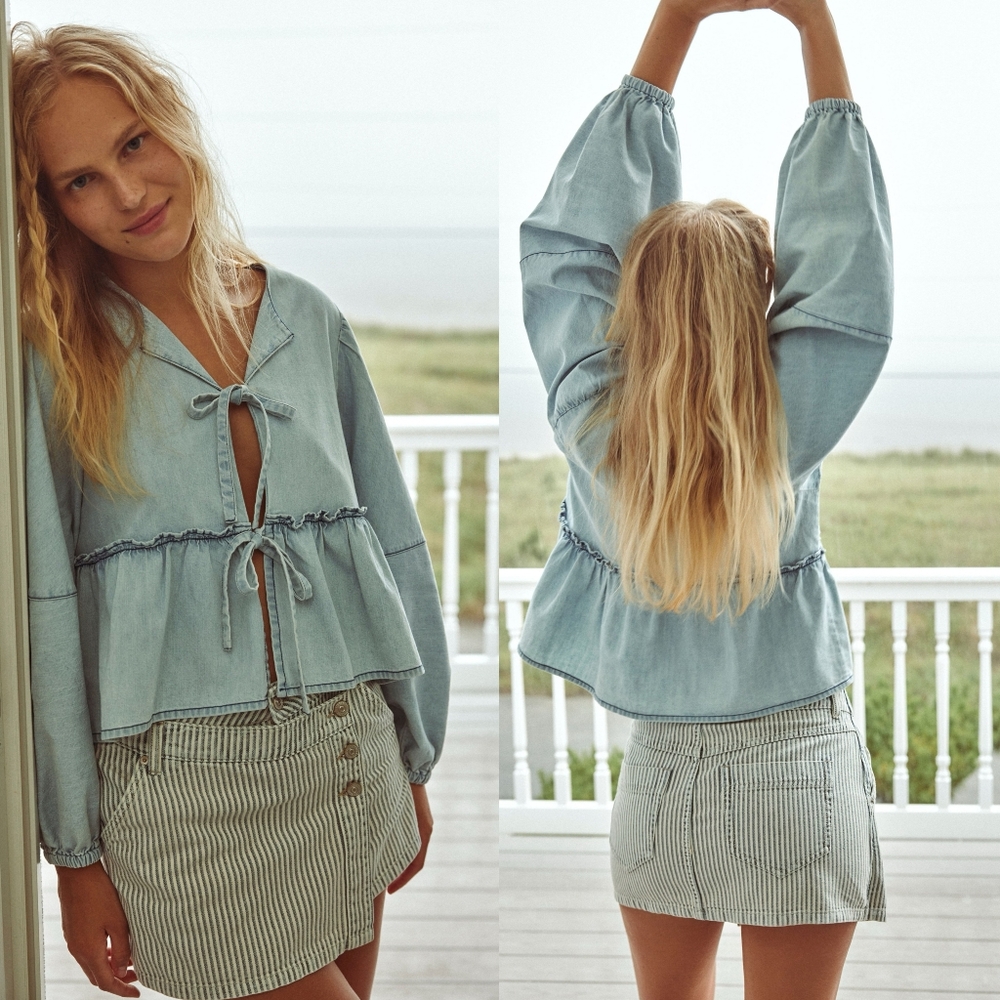NWTvFree People Brunch Babe Denim Blouse - Picture 2 of 8